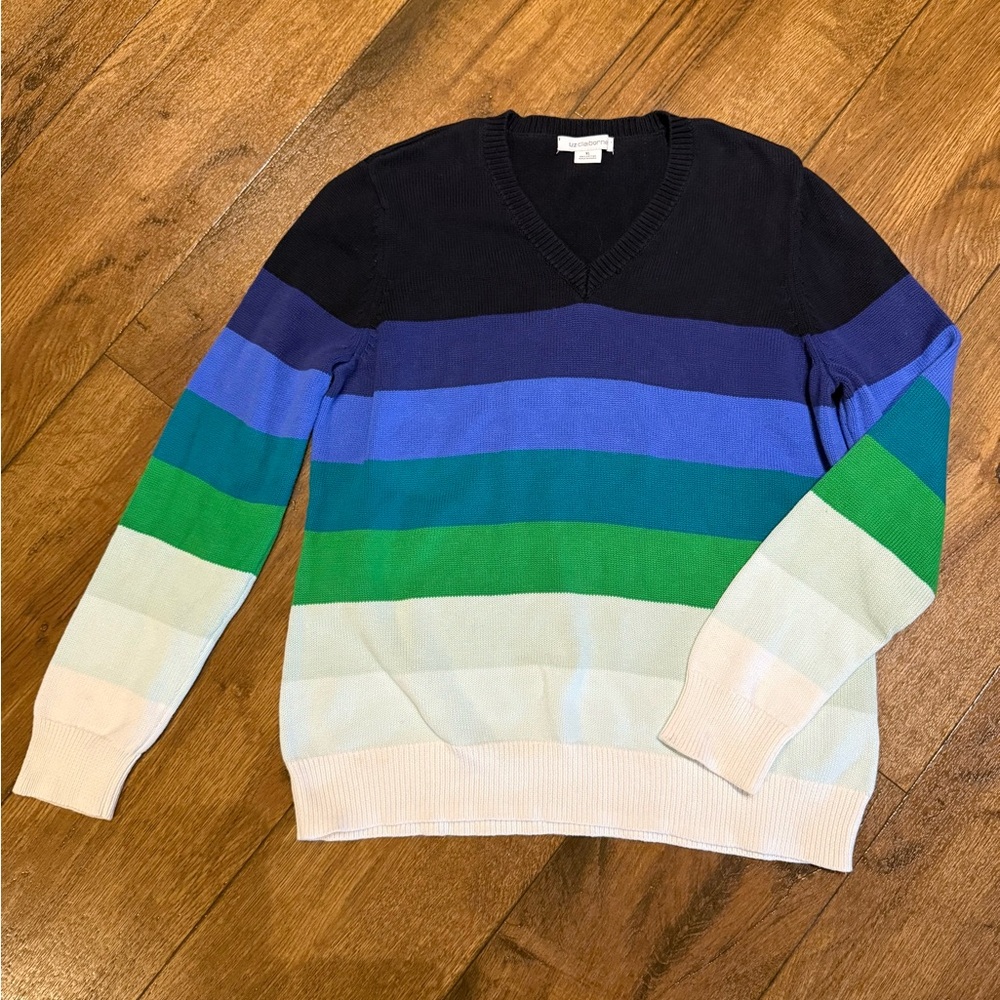 Liz Claiborne V-Neck Sweater - Navy, Blue, Green, Stripes